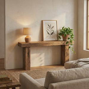 Könnte beinhalten: Ein rustikaler Holztisch mit einem gerahmten botanischen Druck, einer kleinen Lampe und einer Topfpflanze. Der Tisch ist aus Altholz gefertigt und hat eine natürliche Oberfläche. Die Lampe hat einen beigen Schirm und einen Terrakotta-Sockel. Die Pflanze hat grüne Blätter.