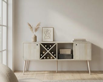 無垢のアカシア材を使用したサイドボードキャビネット – ミッドセンチュリースタイルのワインラック付きビュッフェテーブル