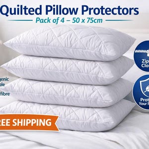 Quilted Pillow Protectors – Pack of 4 – 50 x 75cm – White Microfibre – Zip – Hypoallergenic – UK Standard