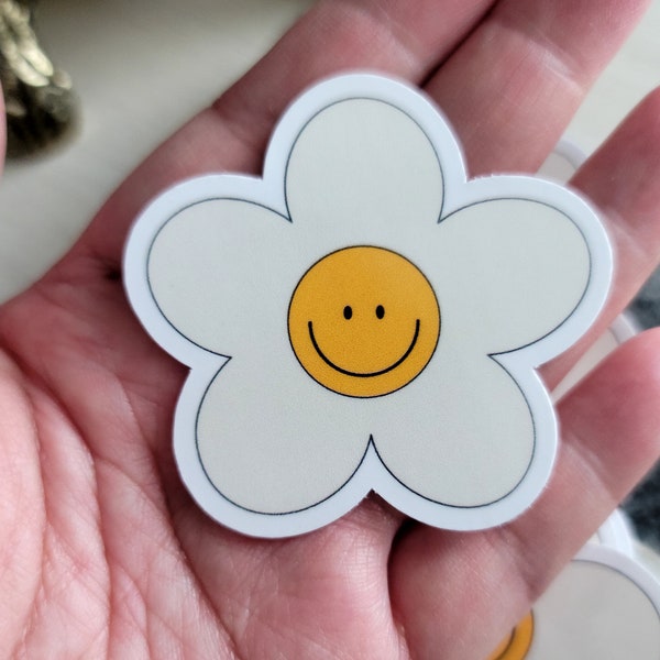 Daisy sticker, floral sticker, smiling flower, vinyl floral sticker