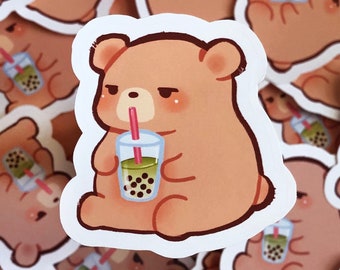 Cute Boba Bear Matte Sticker - Matcha Milk Tea, Weatherproof