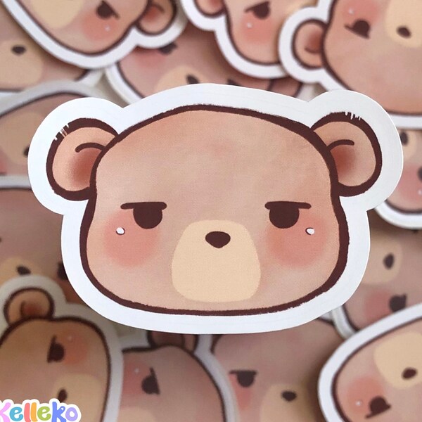 Cute Bear Face Sticker - Depressed Bear, Funny Animal sticker, Weatherproof Matte