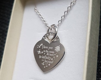 Personalisierte Ich liebe dich zum Mond & zurück Sterling Anhänger - Für sie, Valentinstag Geschenk - KOSTENLOSE Rückgravur
