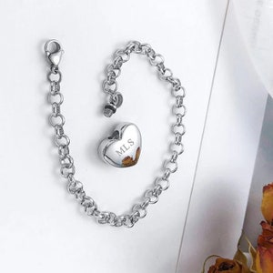 Engraved Cremation Ashes Heart Charm Bracelet | Stainless Steel Memorial Urn | Free Funnel Kit | Personalised Funeral Keepsake