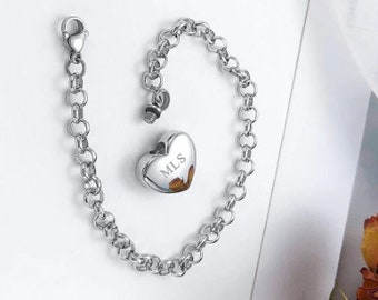 Engraved Cremation Ashes Heart Charm Bracelet | Stainless Steel Memorial Urn | Free Funnel Kit | Personalised Funeral Keepsake