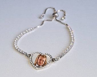 Personalized Photo Printed & Text Engraved Rhinestone Bracelet – Custom Gift for Her