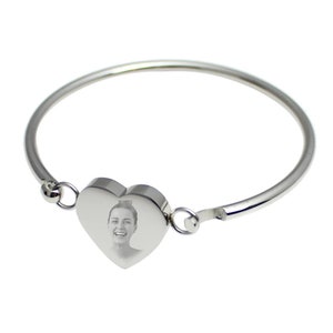 Personalised Photo Engraved Heart Bangle – Reversible Charm, Custom Text Gift for Mothers Day, Christmas, Pet Memorial and Keepsake