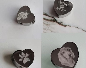 Engraved Cremation ashes urn heart Pandora / Slider MEMORIAL charm - FREE KIT - Pet Loss
