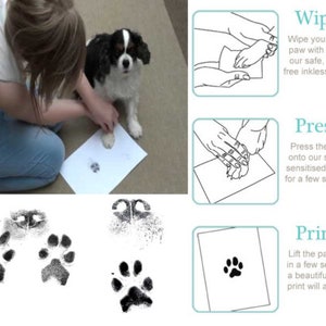 May include: A step-by-step guide on how to make a paw print of a dog using special inkless paper. The image shows a person holding a dog's paw over the paper, and the resulting paw print. The text on the image reads "Wipe! Wipe your pet's paw with one of our safe, mess free inkless wipes. Press! Press the paw onto our special sensitised paper for a few seconds. Print! Lift the paw and in a few seconds a beautiful black print will appear!"