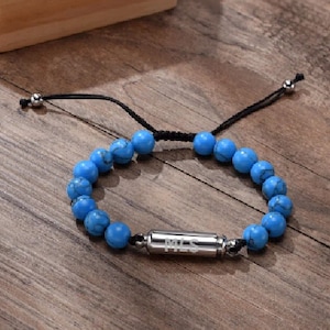 Engraved Cremation Ashes Urn Blue Bracelet – Memorial Keepsake Jewellery for Men & Women – One Size Adjustable