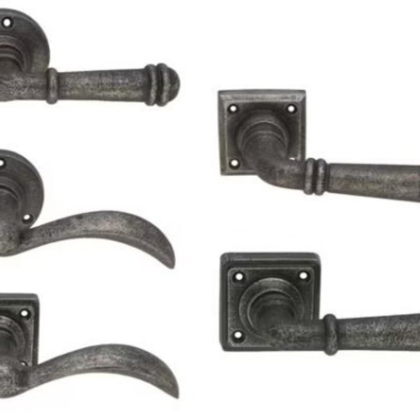 Heavy Sprung Pewter Antique Cast Iron Lever on Round/ Square Rose Interior Door Handles Set