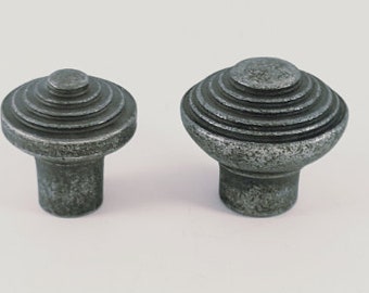 Vintage Antique Cast Iron Pewter Round Ribbed Cabinet Cupboard Drawer Knobs Pull