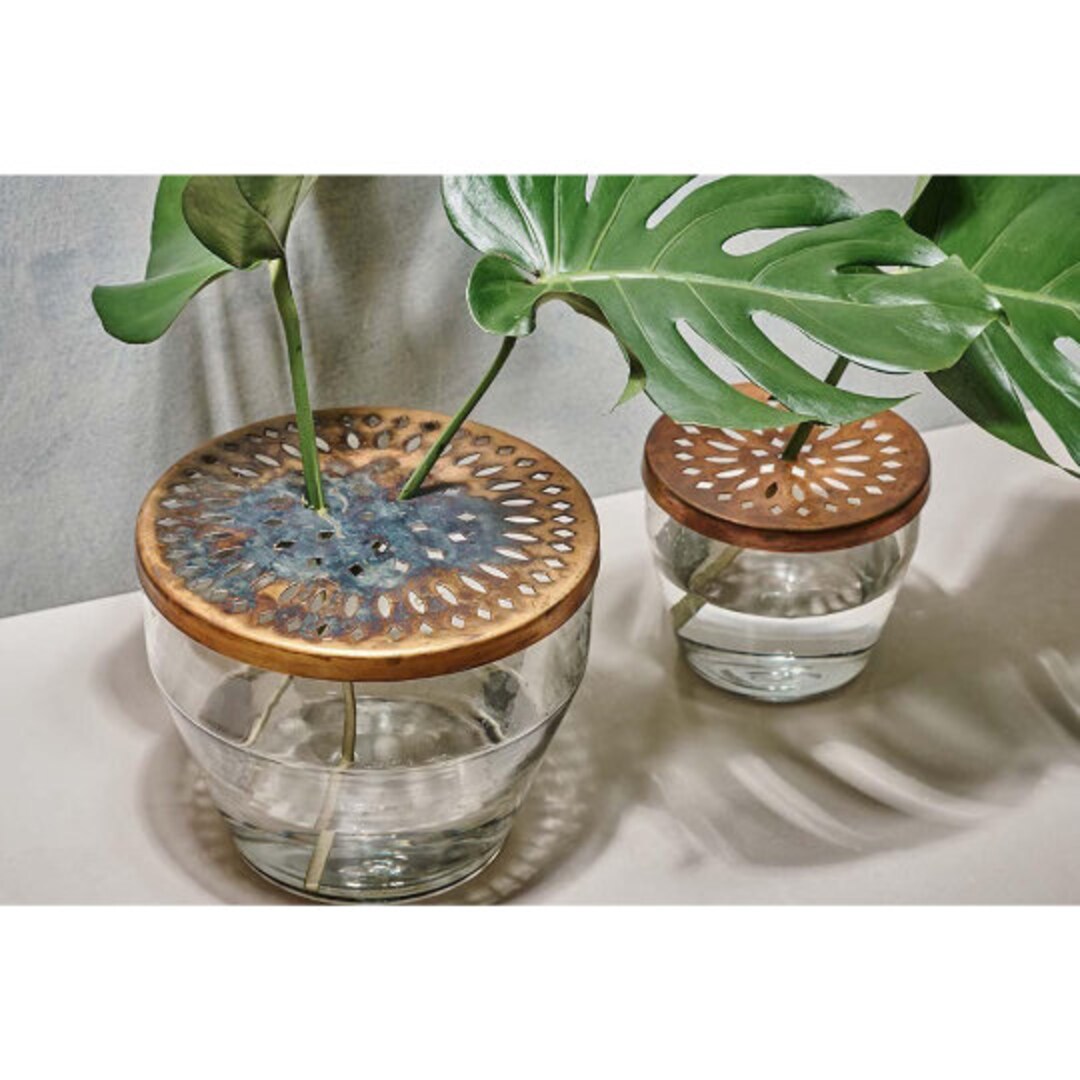 Antique Brass Clear Glass Vase Lid Botanical Indoor Planter Etsy