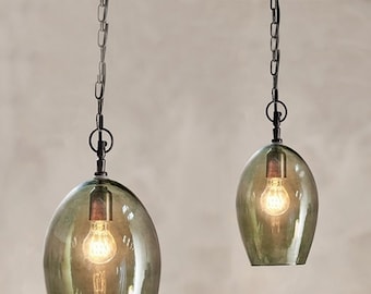 Lámpara colgante de cristal ovalada de humo verde estilo vintage para sala de estar, iluminación de dormitorio/luces colgantes/luces de techo contemporáneas