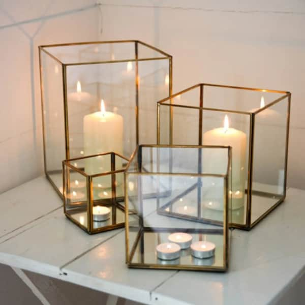 Vintage Rustic Geometric Glass T-Light Candle holder Tabletop Hurricane Brass Lanterns home décor