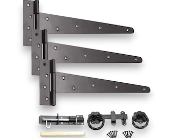 Epoxy schwarz beschichtete 14-Zoll-T-Scharniere mit Twisted Ring Torriegel und Brenton Bolt Kit - Holzgartentorbeschläge für Schuppentüren, Garagentore