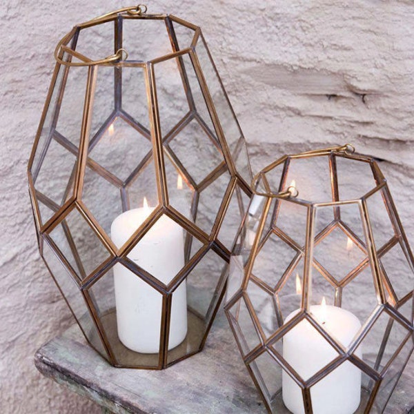 Antique Brass Asymmetric Geometric Glass Lanterns Candle Holder Luxury Modern Indoor/Outdoor Great for home decor Tealight Church Candle