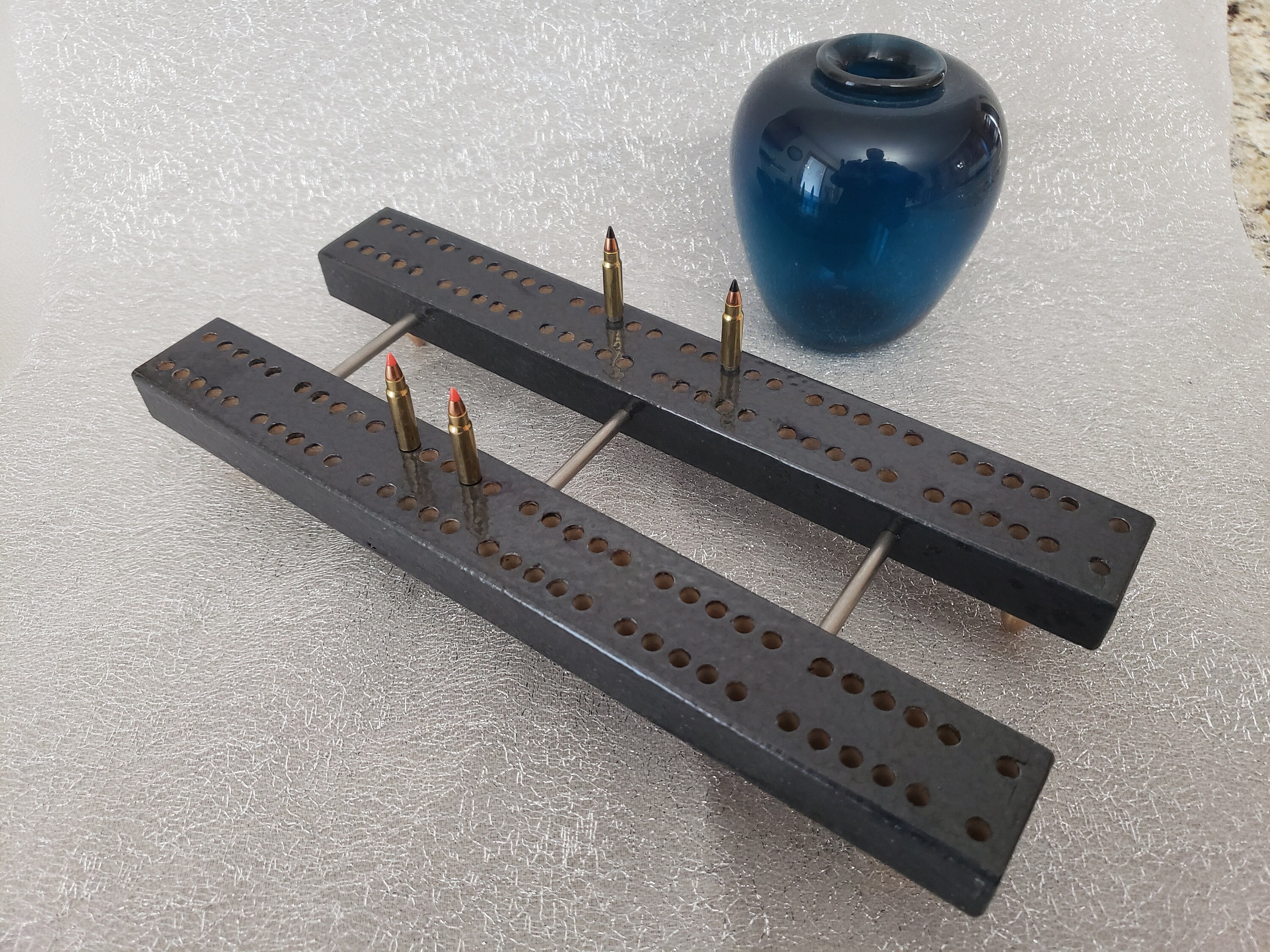 Unique Industrial Style Looking Cribbage Board With 17 Cal Bullet Pegs