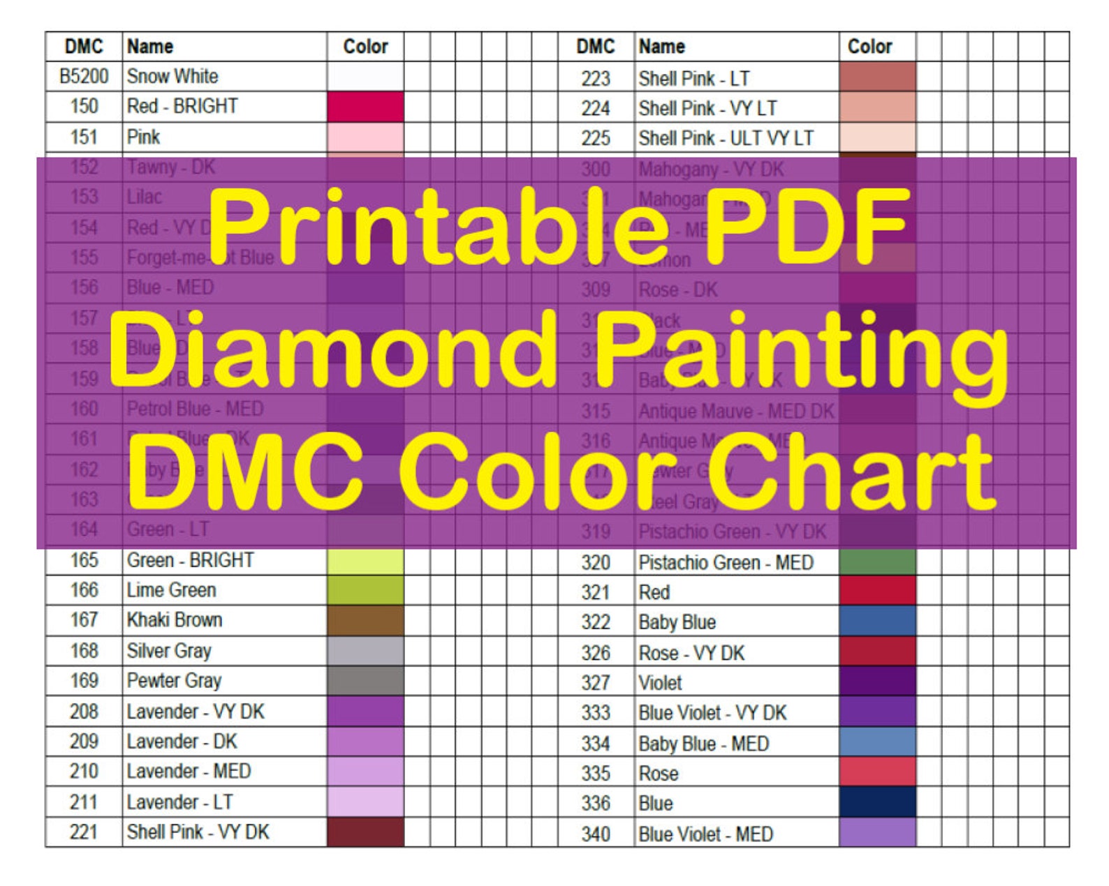 Printable Diamond Painting DMC Color Chart Downloadable Etsy