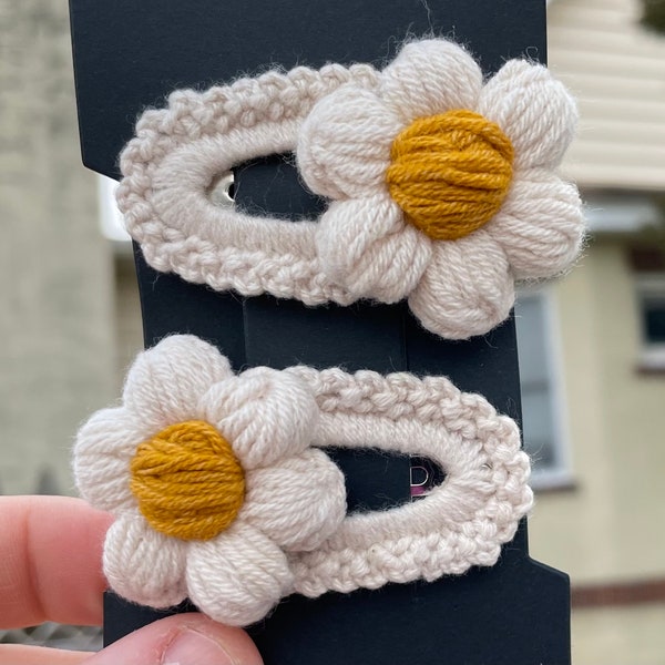 Handmade Beige Crochet Daisy Snap Hair Clip for Kids | Set of 2 | colorful hair accessory for little girls | soft on head | Birthday gifts