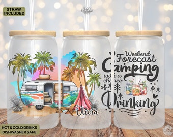 Personalized Camping Lover Glass Cup Tumbler Gift For Glamping Enthusiasts, Custom Outdoor Lover Camper Gifts Family Vacation Camping Rules