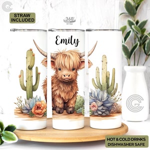 Highland Cow Boho Cactus Custom Floral Tumbler, Succulent Flowers Mug Gift, Highland Cow Western Tumbler Cup, Cow Tumbler Gift For Cow Lover