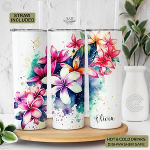 Personalized Tropical Plumerias Tumbler with Name - Tropical Floral Tumbler Cup Gift For Women - Tropical Leaf Tumbler Birthday Gift For Her