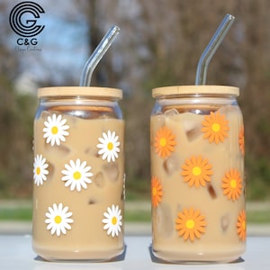 Daisy Cup Iced Coffee Cup Glass - Floral Beer Can Glass - Beer Can Cup Glass - Aesthetic Glass Can - Best Friends Coffee lover Gift
