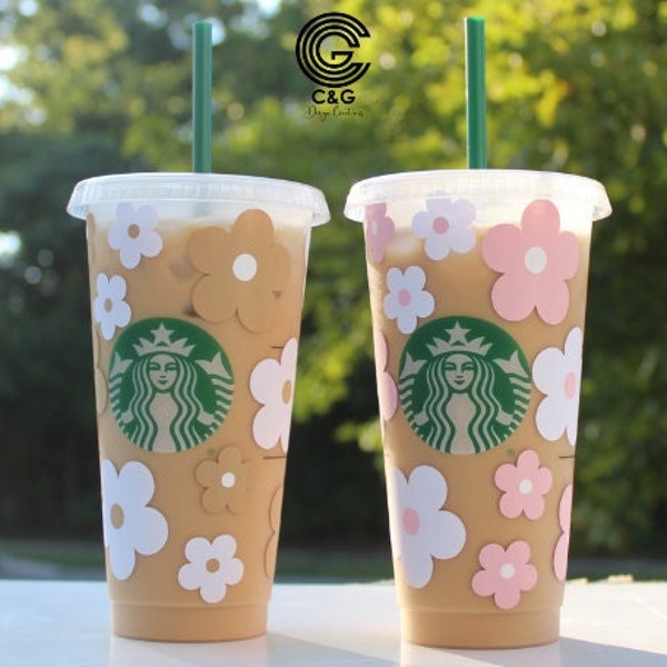 Retro Flowers Starbucks Cup, Personalized Starbucks Cold Cup, Birthday Gift, Reusable Iced Coffee Tumbler Cup