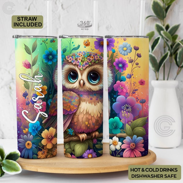 Personalized Floral Owl Tumbler with Straw And Lid - Custom Owl Tumbler Cup with Name Gift for Women - Floral Name Mug Gifts for Owl Lovers