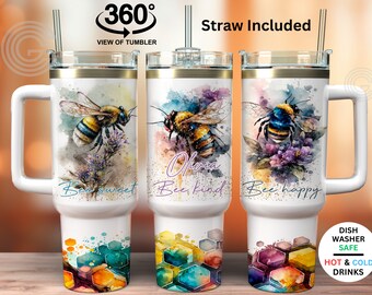 40oz Bee Sweet Kind Happy Tumbler Personalized, Floral Honeycomb Tumbler With Straw, Bumblebee Birthday Cup Girls Trip Gifts For Bee Lovers