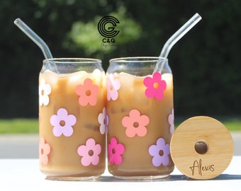 Daisy Cup Iced Coffee Cup Glass - Beer Can Glass - Retro Flower Iced Coffee Cup - Glass Cup Coffee Can Beer - Daisy Soda Can Glass