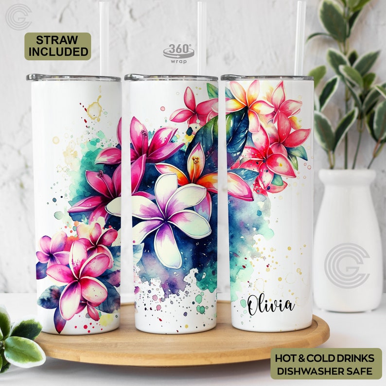 Personalized Tropical Plumerias Tumbler with Name Tropical Floral Tumbler Cup Gift For Women Tropical Leaf Tumbler Birthday Gift For Her image 1