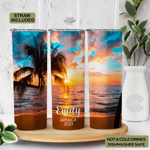 Personalized Beach Tumbler With Straw - Custom Summer Vacation Tumbler For Her - Beach Theme Girls Trip Gift - Family Sunset Beach Mug Cup