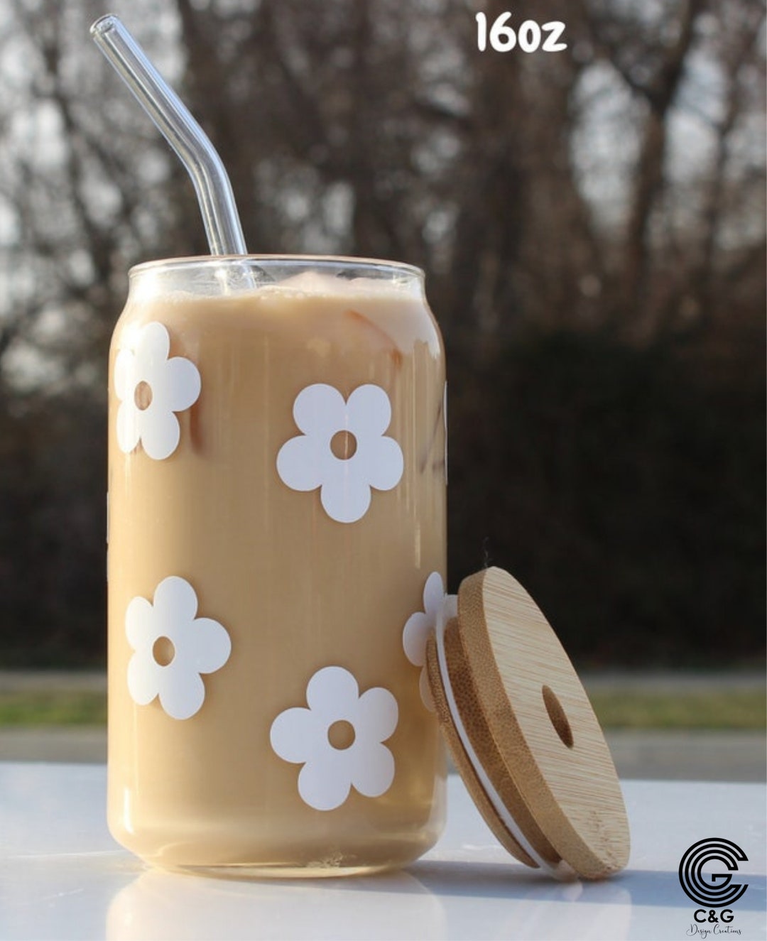 Daisy Aesthetic Cups, Iced Coffee Cup, Cute Glass Cup with Lid & Straw  Orange