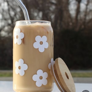 Daisy Cup Iced Coffee Cup Glass - Retro Flower Glass Jar - Daisy Coffee Glass Cup - Boho Beer Glass Jar - Iced Coffee Glass