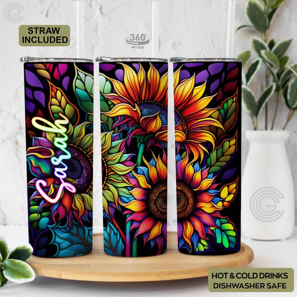 Sunflower Tumbler Personalized with Name - Custom Sunflower Tumbler Cup With Straw - Birthday Gifts For Women - Sunflower Lover Gift for Her