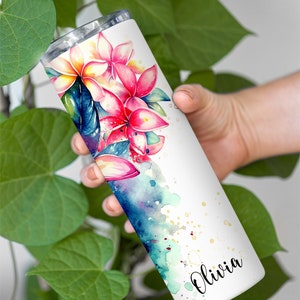 Personalized Tropical Plumerias Tumbler with Name Tropical Floral Tumbler Cup Gift For Women Tropical Leaf Tumbler Birthday Gift For Her image 2