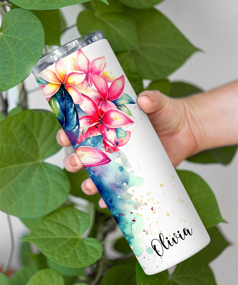 Personalized Tropical Plumerias Tumbler with Name Tropical Floral Tumbler Cup Gift For Women Tropical Leaf Tumbler Birthday Gift For Her image 2