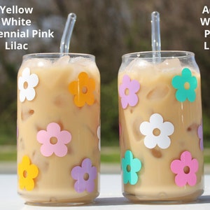 Daisy Cup Iced Coffee Cup Glass - Beer Can Glass - Retro Flower Iced Coffee Cup - Glass Cup Coffee Can Beer - Daisy Soda Can Glass