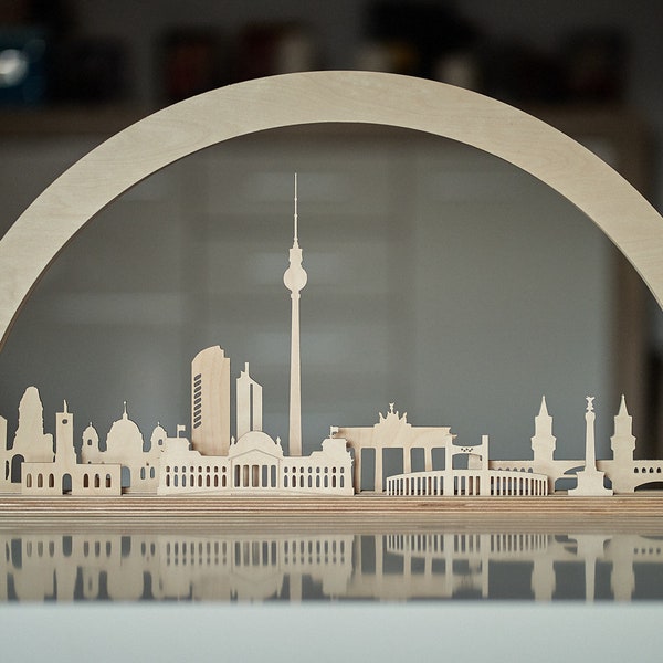 Skyline Berlin, Dekoration, Wandbild aus Holz, Schwibbogen, Silhouette mit LED-Beleuchtung, Geschenk für Berlinfans