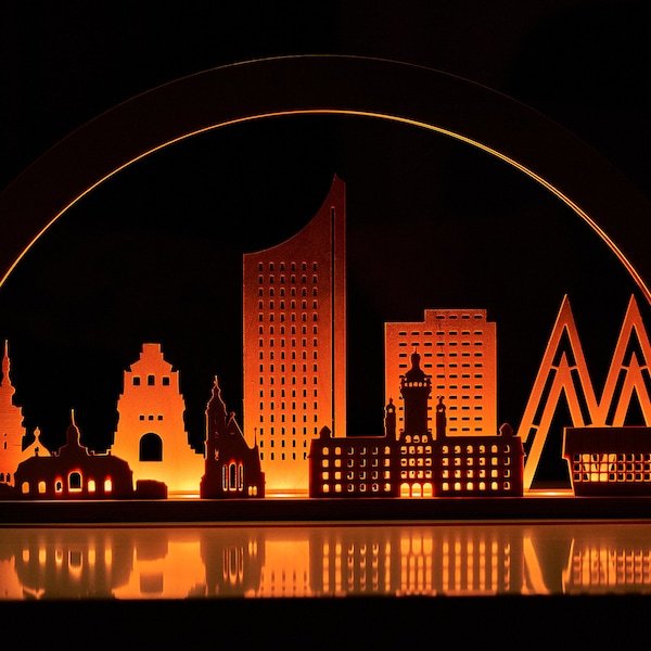 Skyline Leipzig, decoration, wooden mural, Schwibbogen, silhouette with LED lighting, gift for Leipzig fans