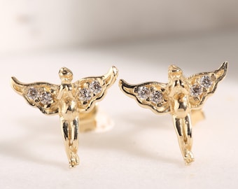 14k Gold Angel Stud Earrings, Guardian Angel, Handmade