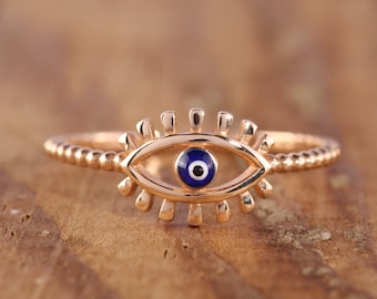 Evil Eye Ring, 14k Solid Gold, Gift For Her, Minimalist Ring, Modern jewelry