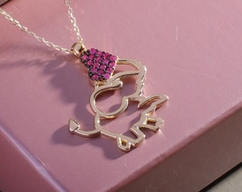 14k Solid Gold Elephant Necklace, Heart Accent, Animal Jewelry