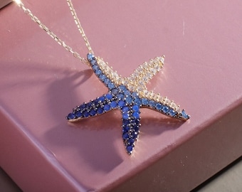 14k Solid Gold Starfish Necklace, Ocean Charm