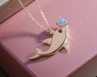 14k Rose Gold Jumping Dolphin Outline Charm Pendant With Solitaire Diamond - Necklace Or Bracelet Charm