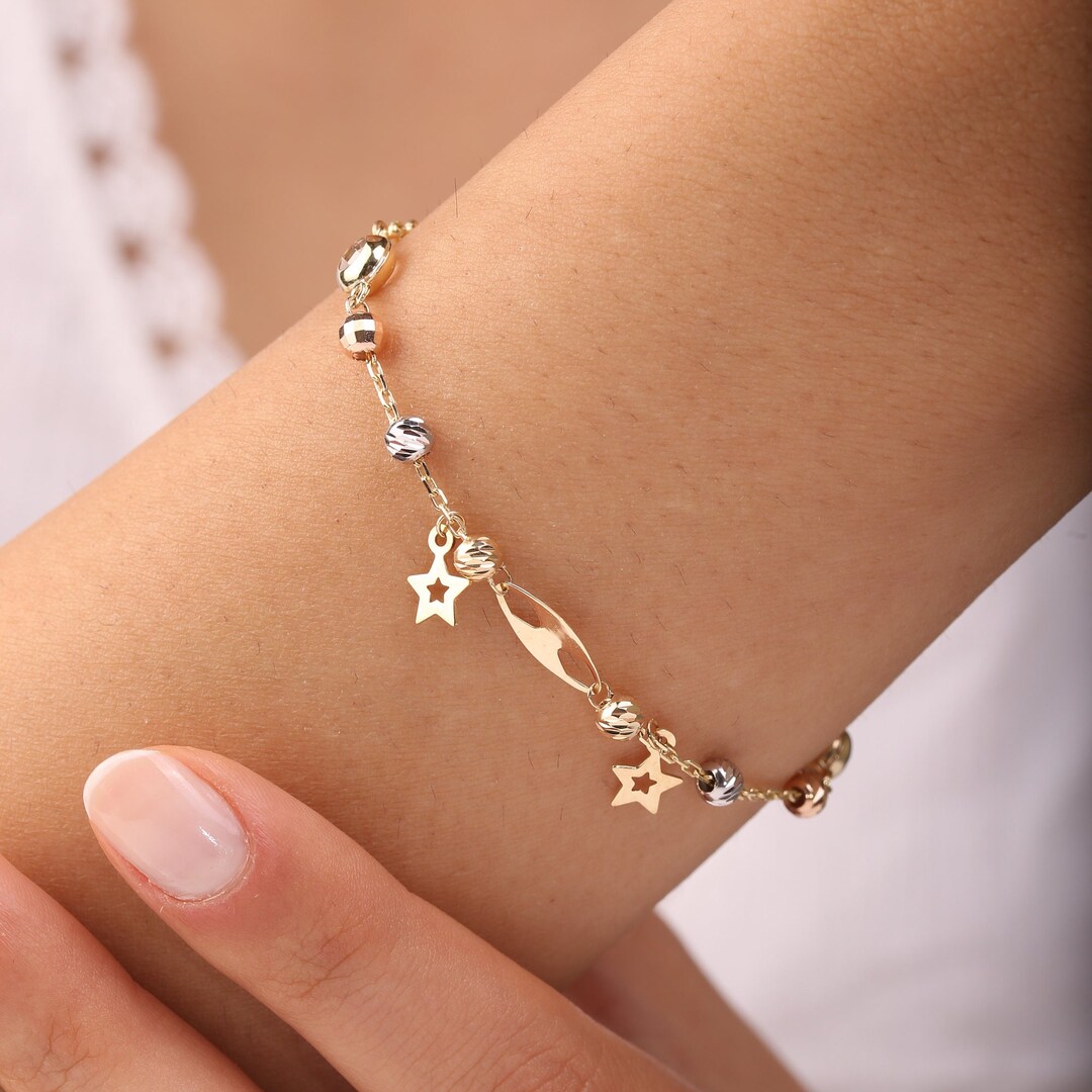 14k Gold Beaded Link Bracelet / Star Charm Bracelet / Adjustable Bead
