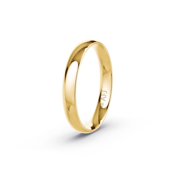 18K Solid Gold 3mm Yellow Gold Polished Mens Womens Comfort Fit Dome Wedding Band