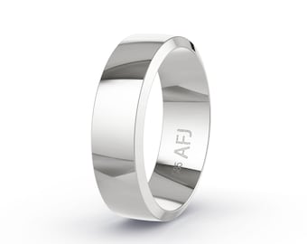 May include: A polished, silver-colored ring with a flat top and beveled edges. The ring has a smooth, reflective surface and is marked with "585 AFJ" on the inside. The ring is a simple, elegant design.